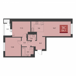 3-комнатная квартира 64.7м2 ЖК Беринг