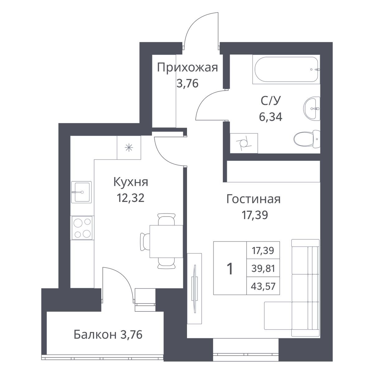 1-комнатная квартира 39.81м2 ЖК Фора