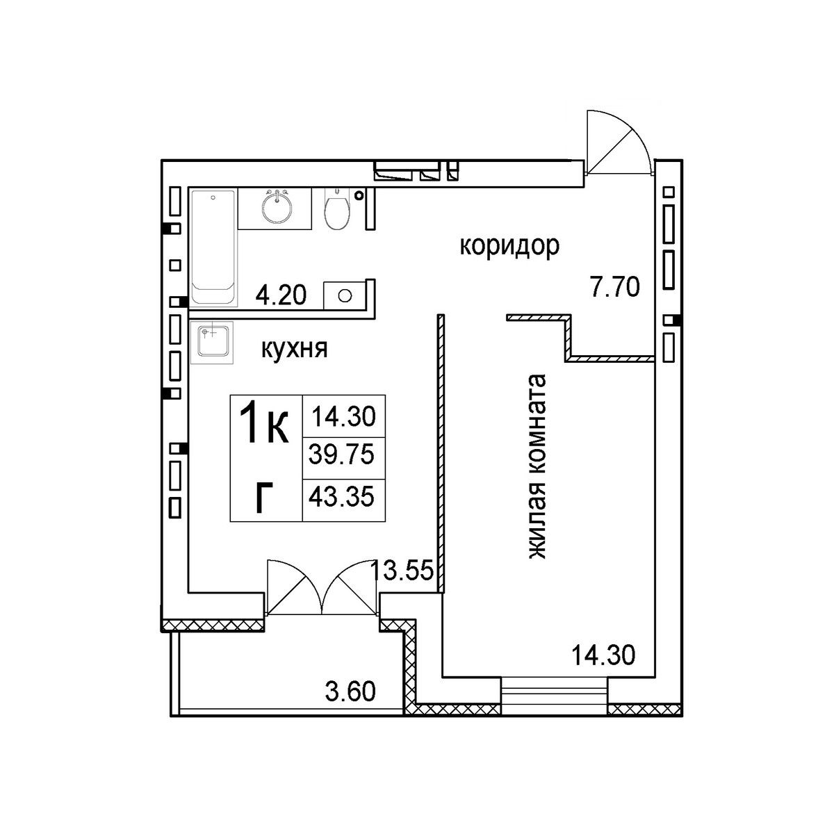 1-комнатная квартира 43.35м2 ЖК Promenade