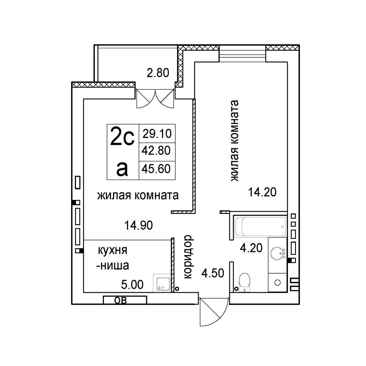 2-комнатная квартира 45.6м2 ЖК Promenade