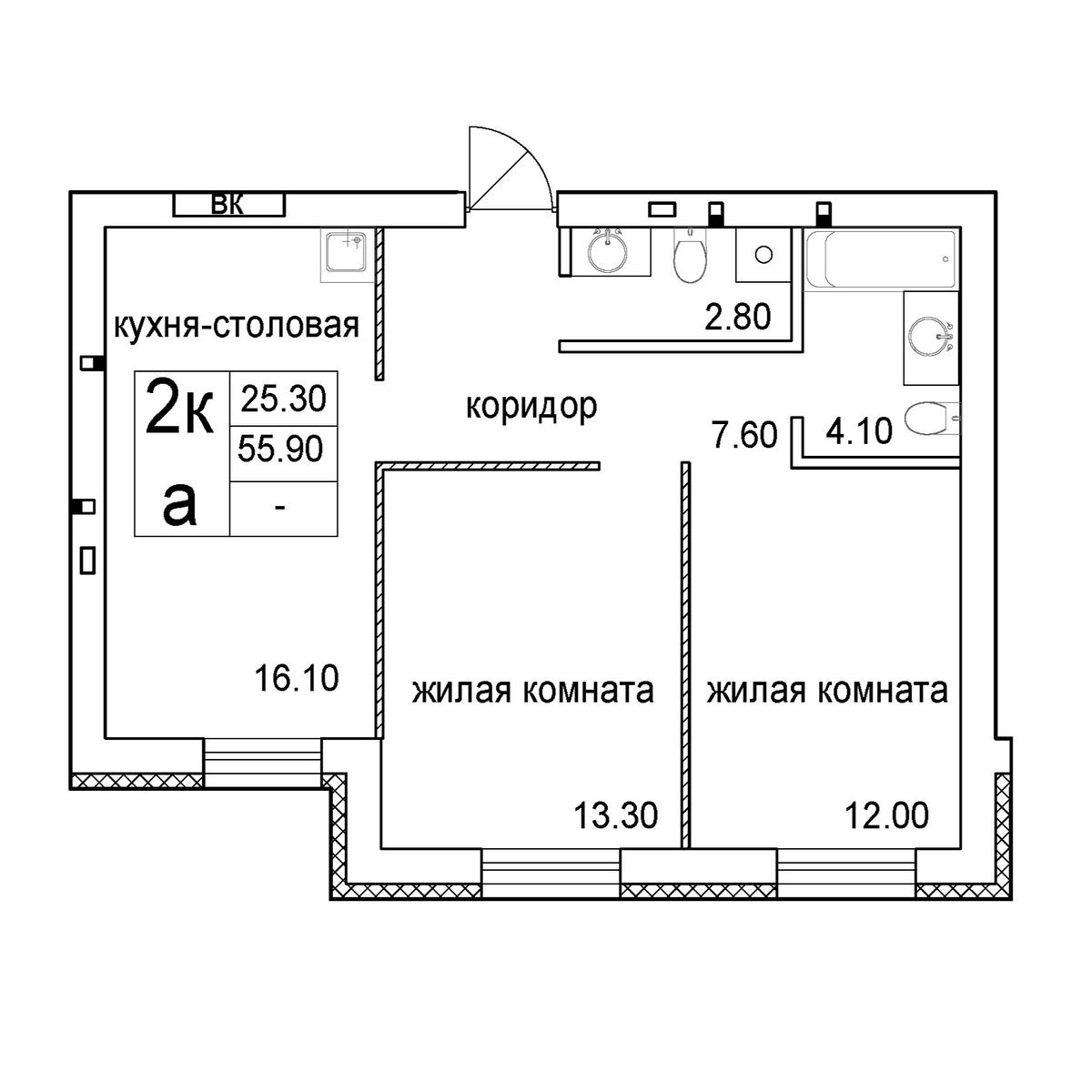 2-комнатная квартира 55.9м2 ЖК Promenade