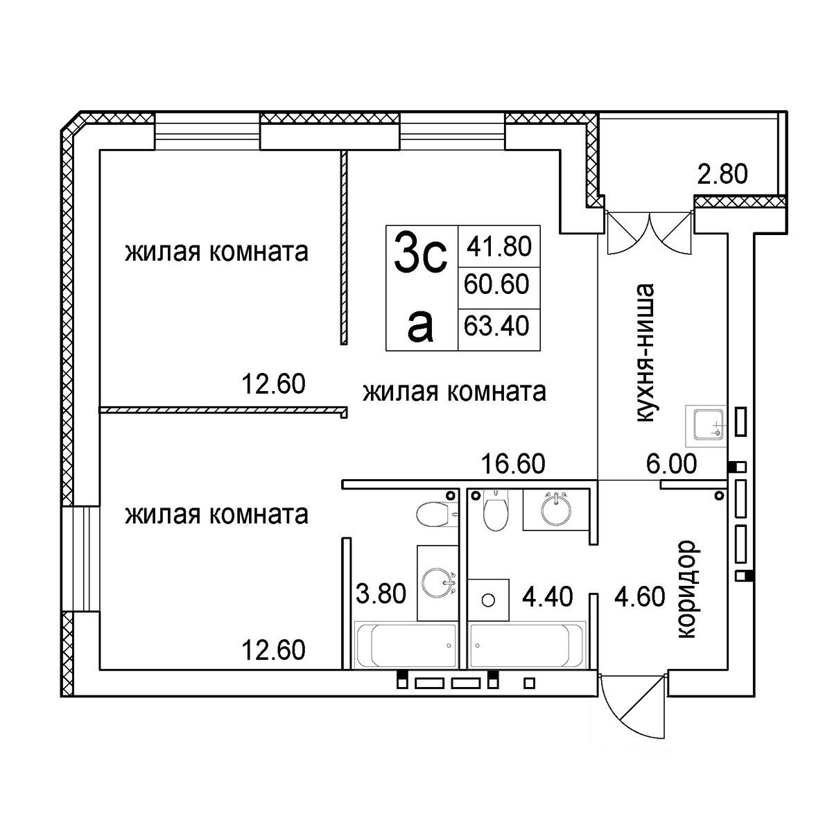 3-комнатная квартира 63.4м2 ЖК Promenade