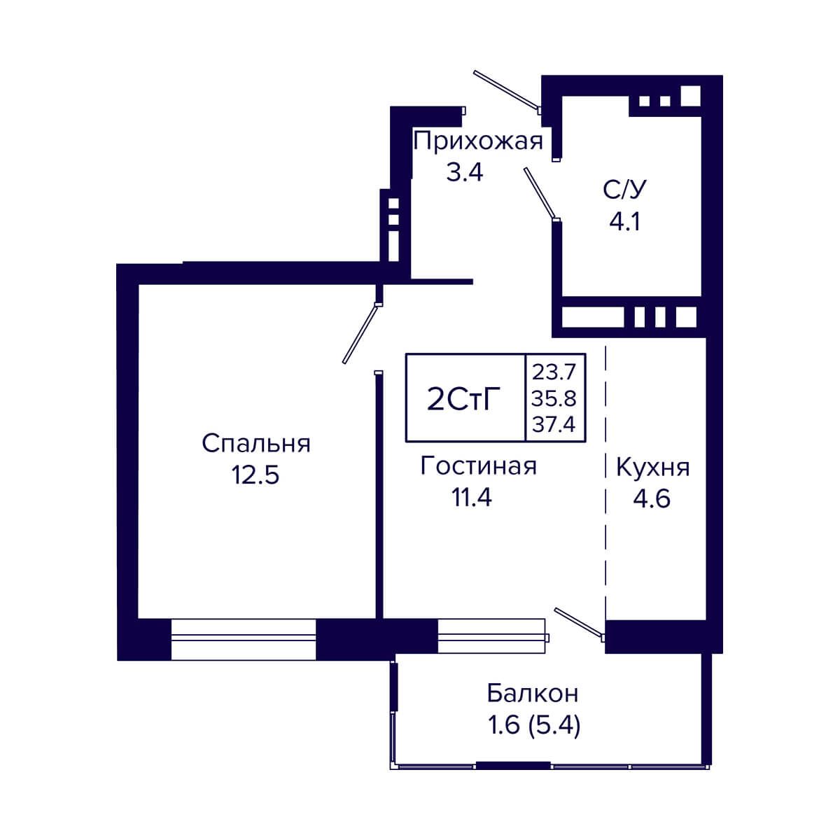 2-комнатная квартира 37.4м2 ЖК Luna