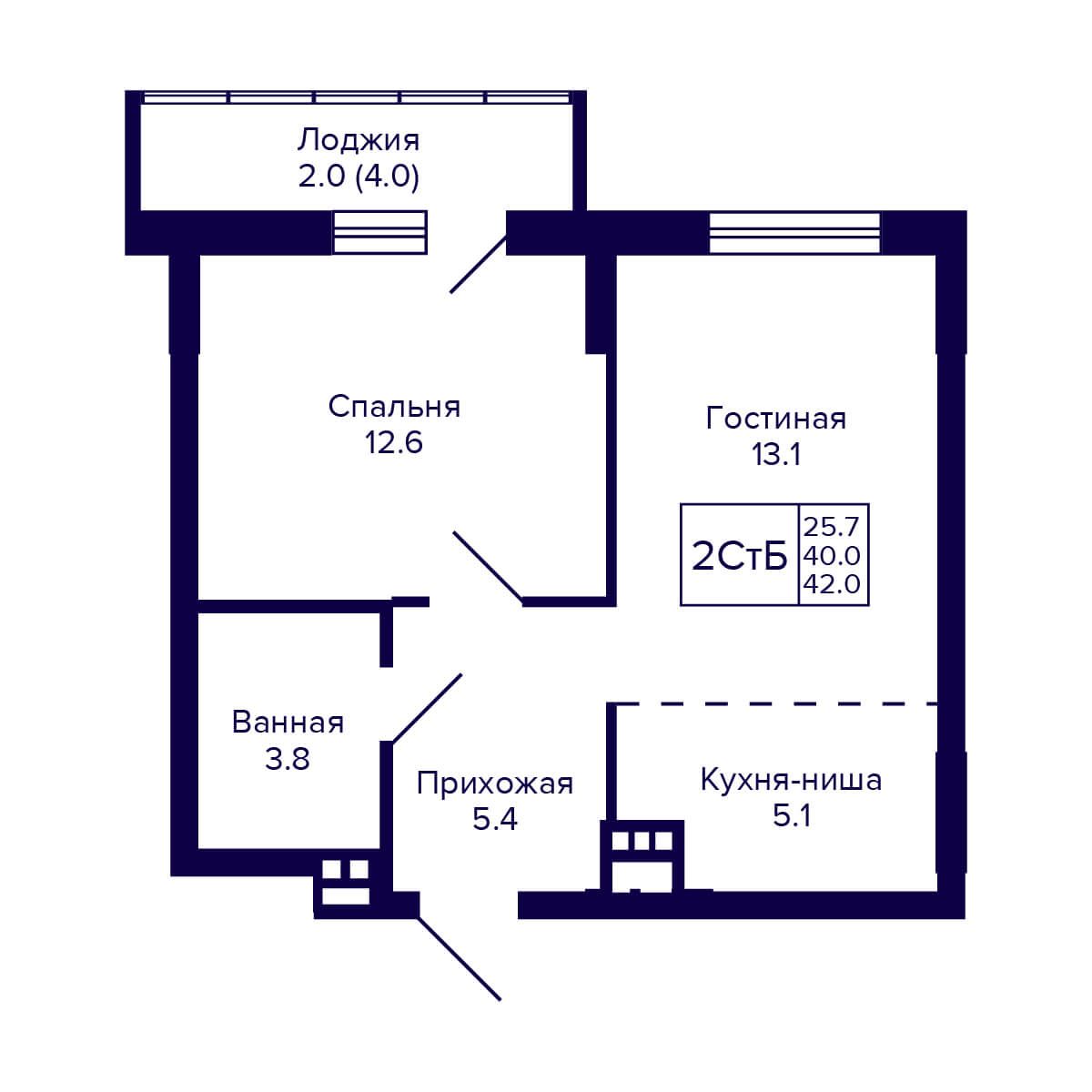 2-комнатная квартира 42м2 ЖК Gorizont