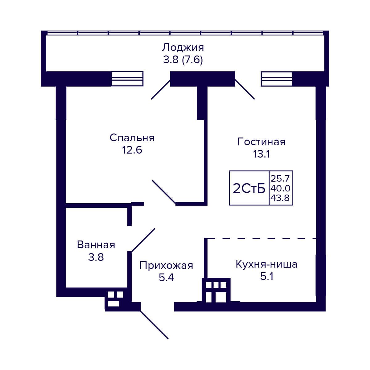 2-комнатная квартира 43.8м2 ЖК Gorizont