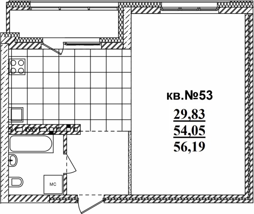 1-комнатная квартира 56.55м2 ЖК Римский квартал