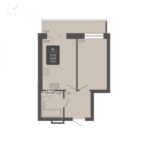 1-комнатная квартира 41.13м2 Апартаментах Nova apart