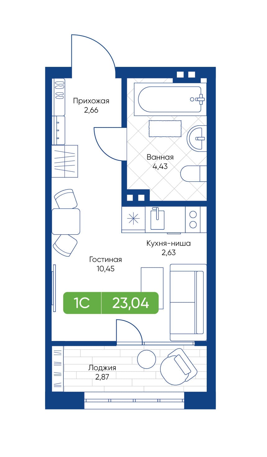 1-комнатная квартира 23.04м2 ЖК Биография