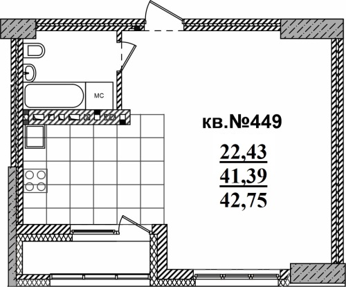 1-комнатная квартира 42.75м2 ЖК Римский квартал