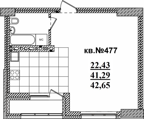 1-комнатная квартира 42.65м2 ЖК Римский квартал