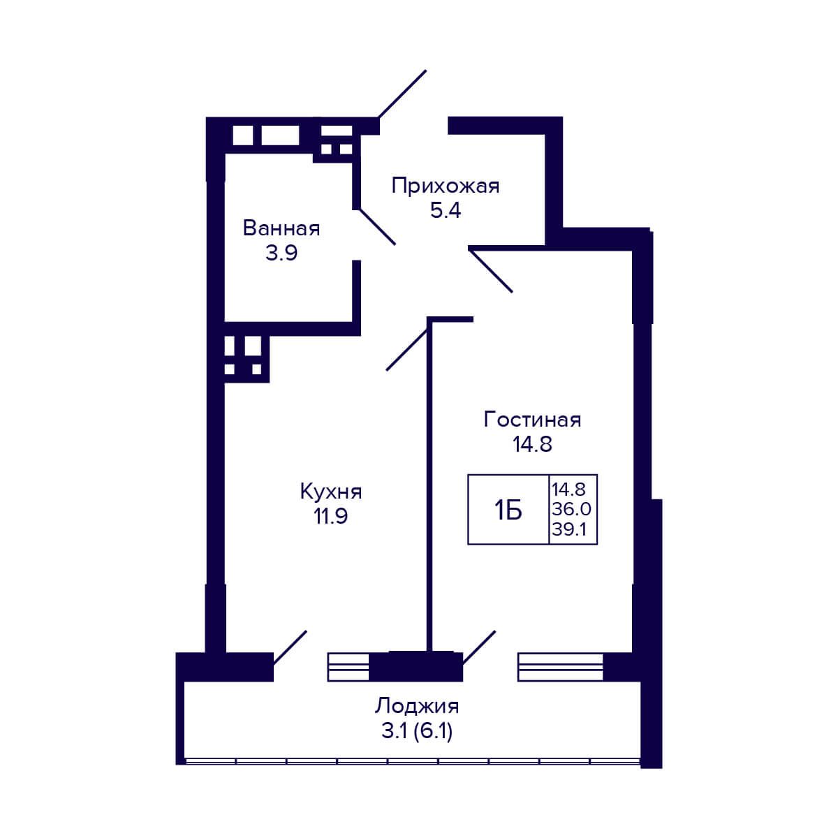 1-комнатная квартира 39.1м2 ЖК Gorizont