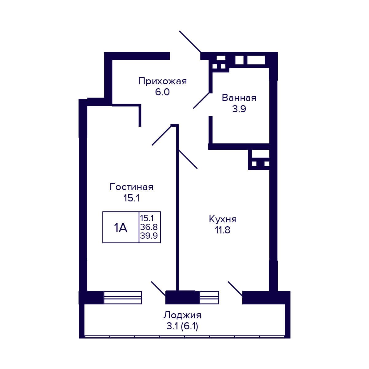 1-комнатная квартира 39.9м2 ЖК Gorizont