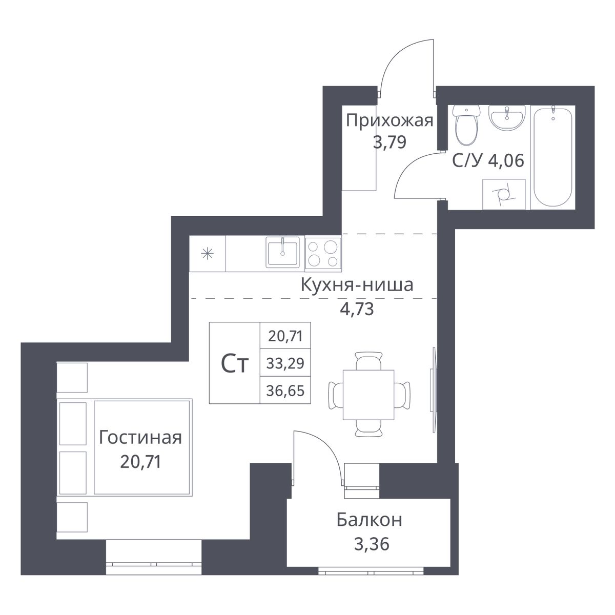 1-комнатная квартира 33.29м2 ЖК Фора