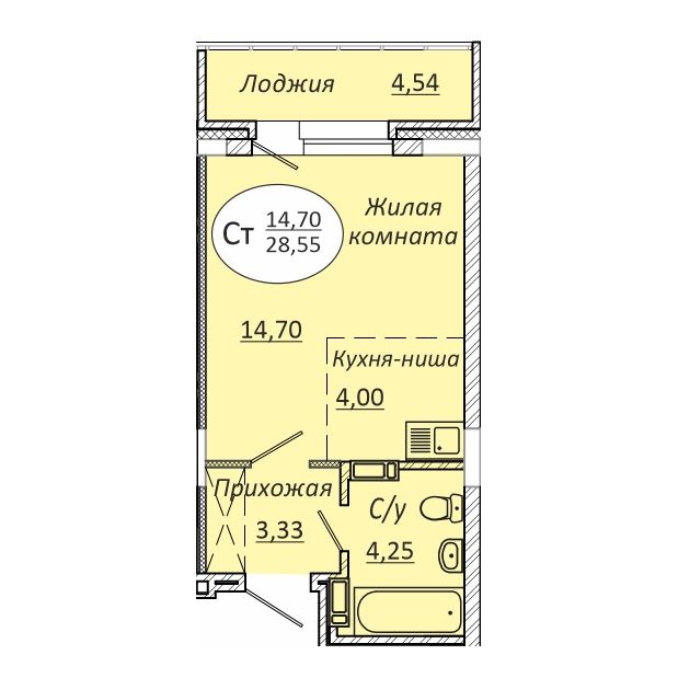 Студия 28.55м2 ЖК Комета-Октябрьский