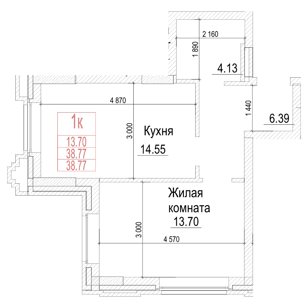 1-комнатная квартира 38.7м2 ЖК Чернышевский