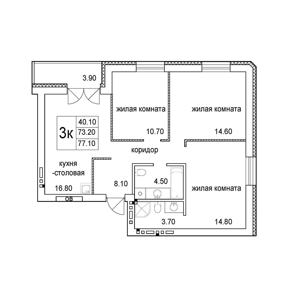 3-комнатная квартира 77.1м2 ЖК Promenade