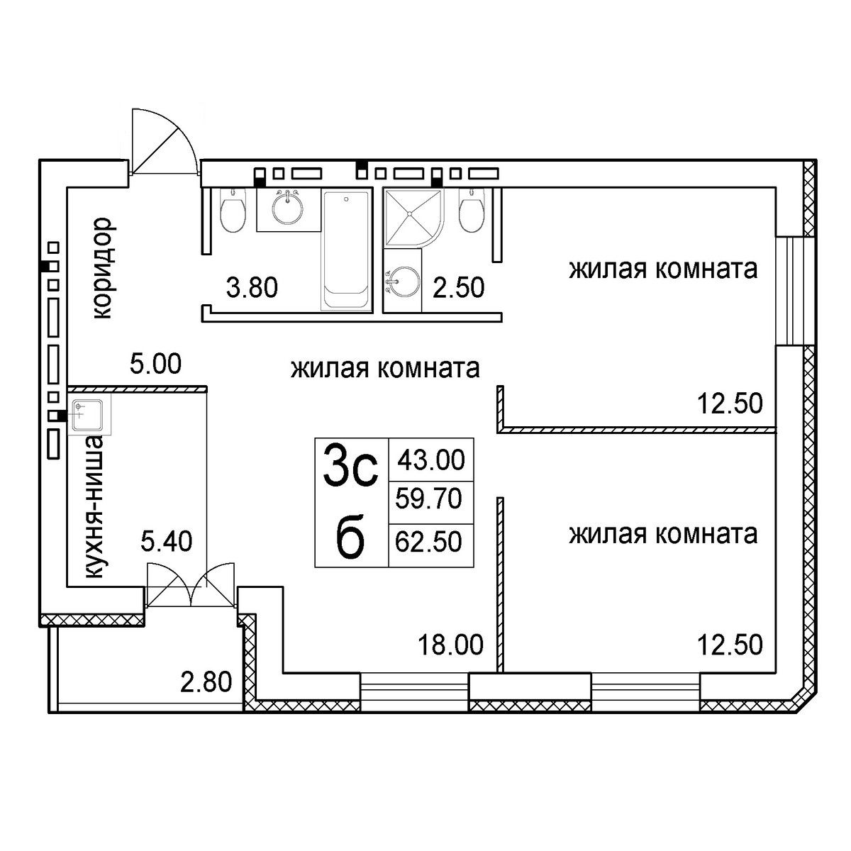 3-комнатная квартира 62.5м2 ЖК Promenade