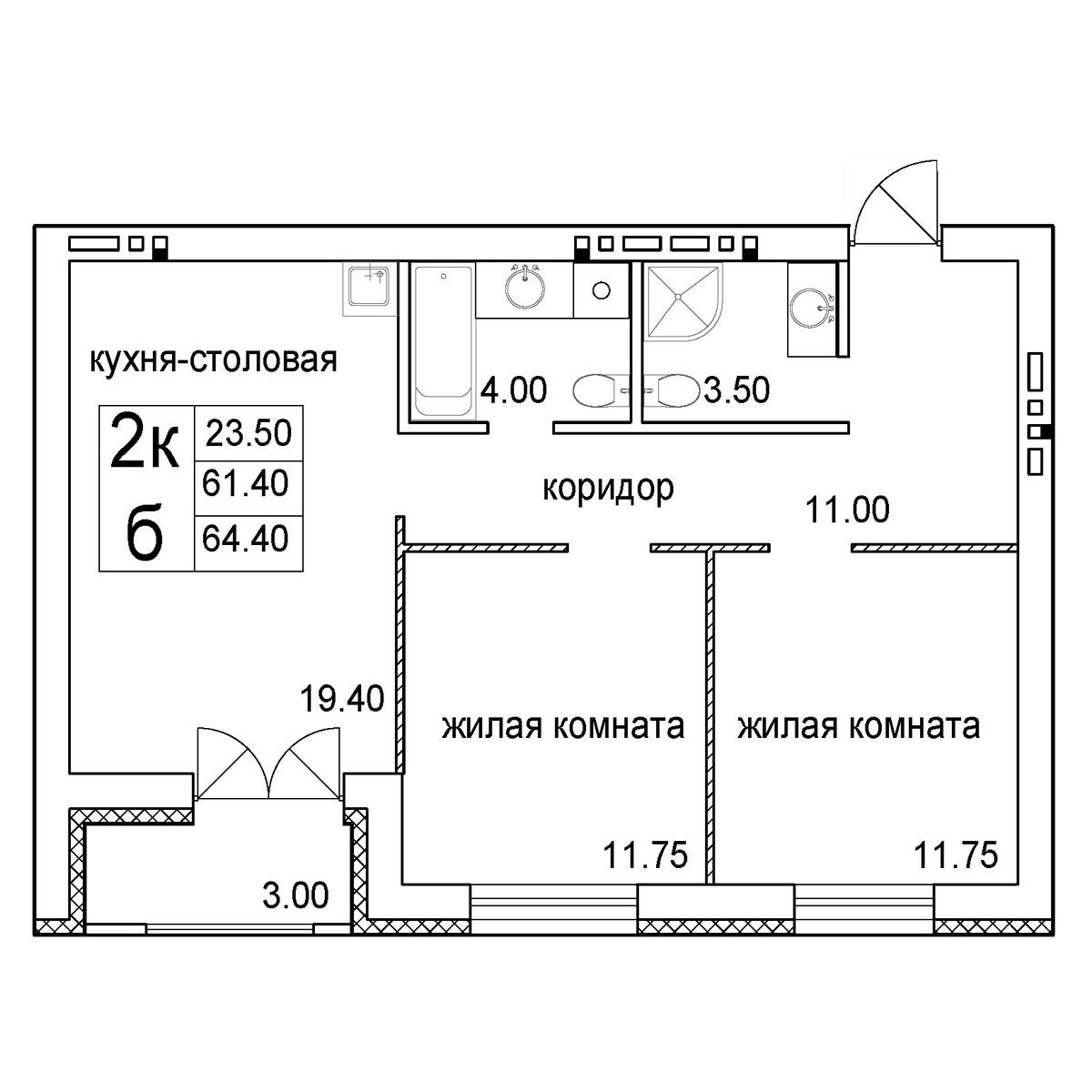 2-комнатная квартира 64.4м2 ЖК Promenade