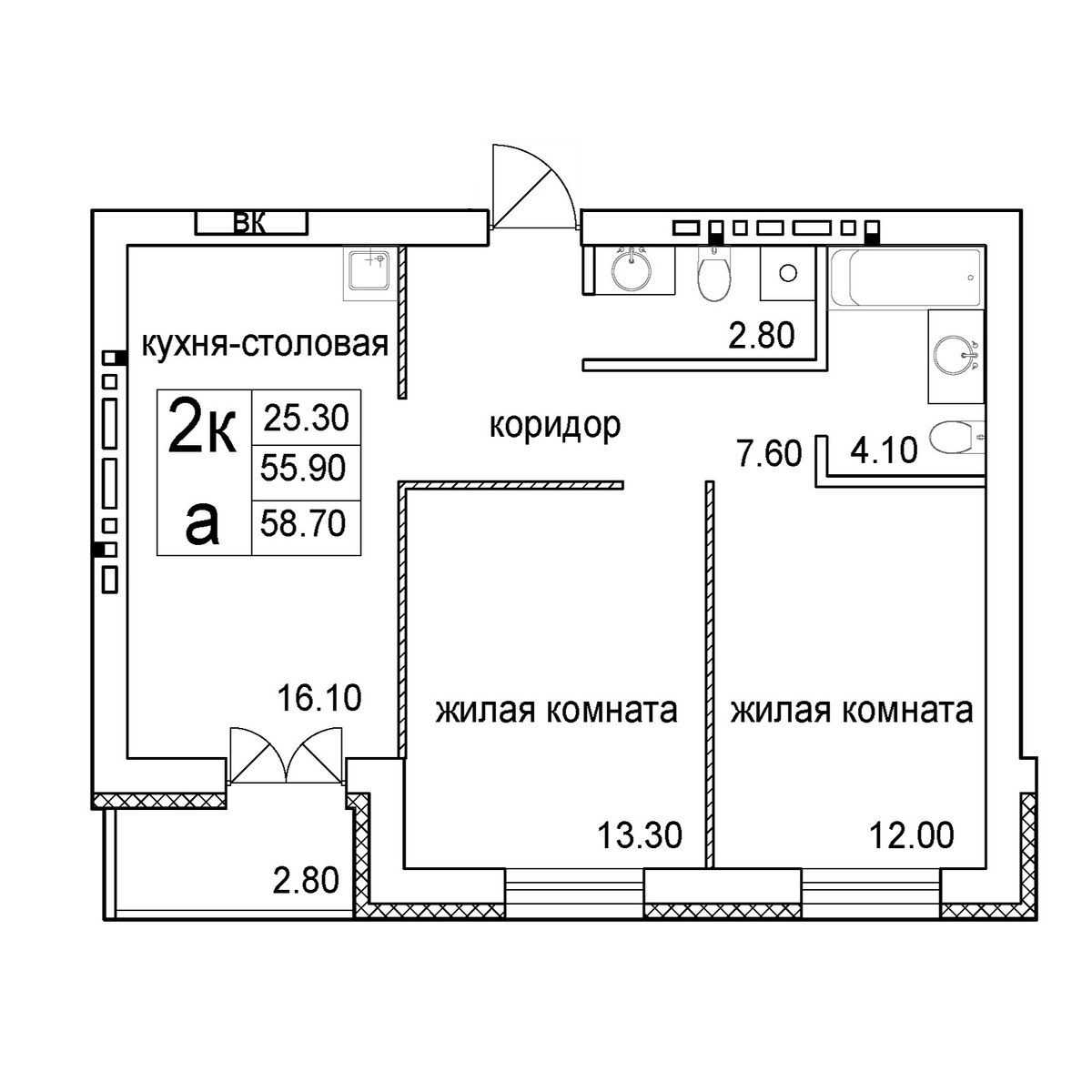 2-комнатная квартира 58.7м2 ЖК Promenade