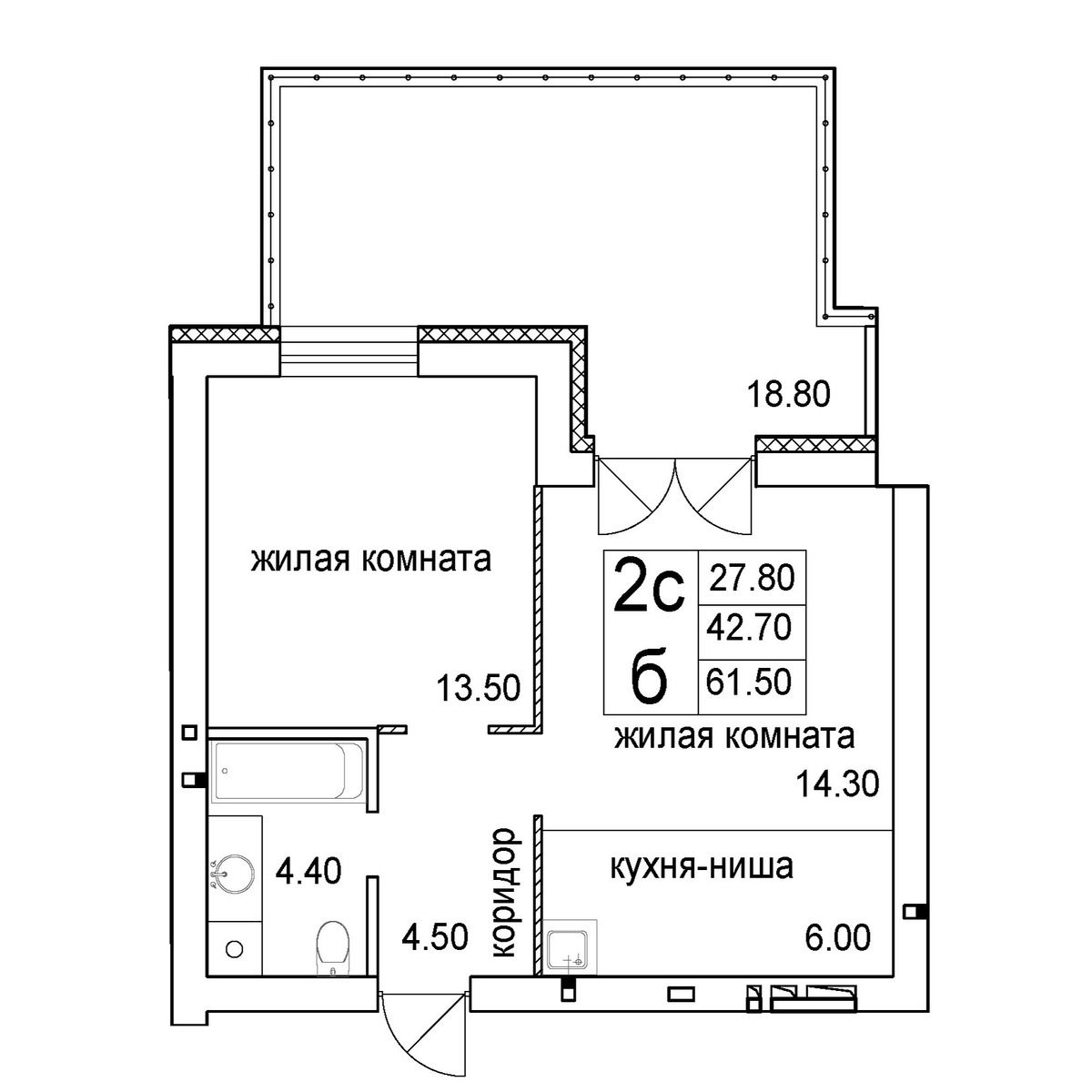 2-комнатная квартира 61.5м2 ЖК Promenade