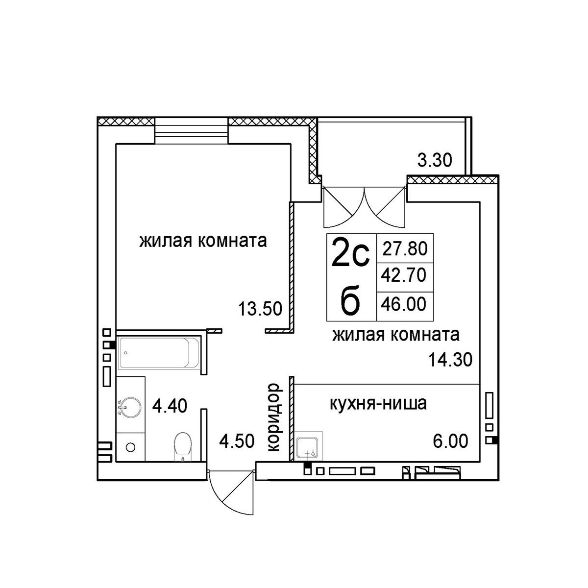 2-комнатная квартира 46м2 ЖК Promenade