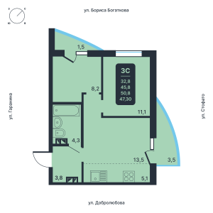 3-комнатная квартира 47.3м2 ЖК Никольский парк