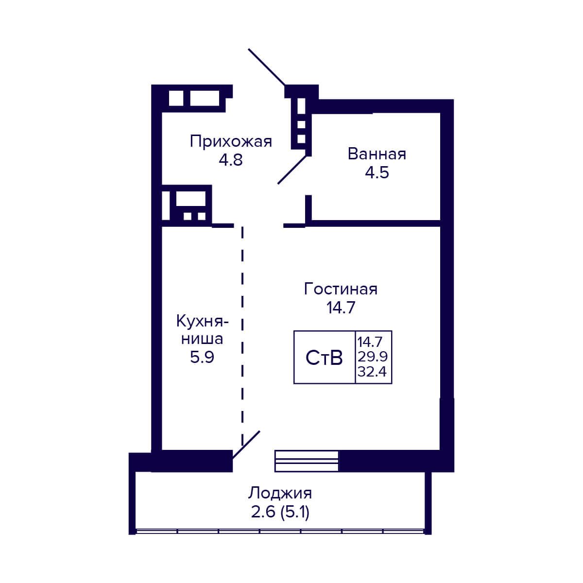 1-комнатная квартира 32.4м2 ЖК Gorizont