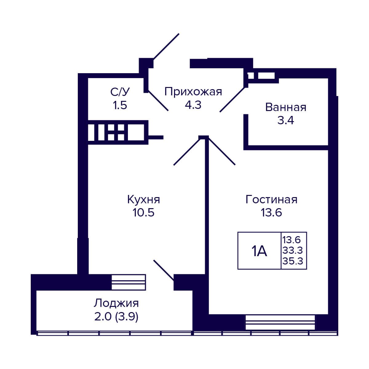 1-комнатная квартира 35.3м2 ЖК Gorizont