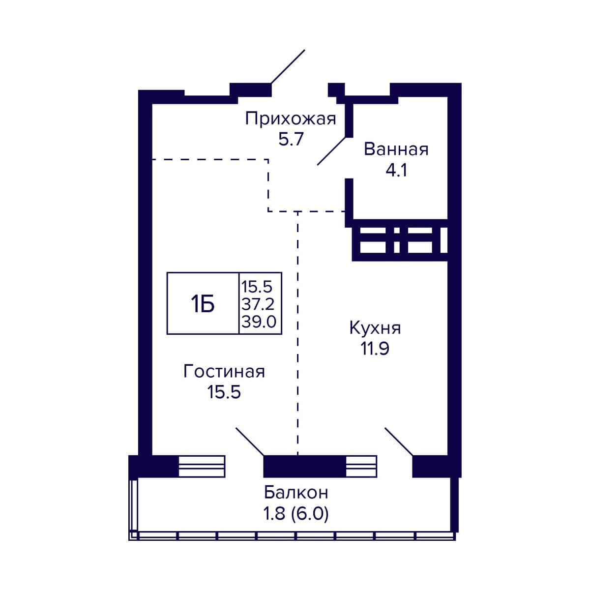 1-комнатная квартира 39м2 ЖК Grando