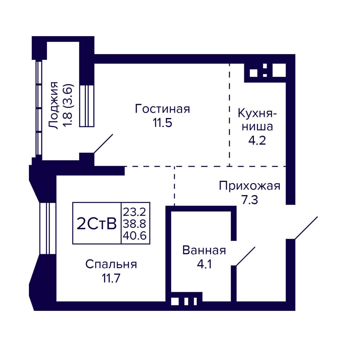 2-комнатная квартира 40.6м2 ЖК Grando