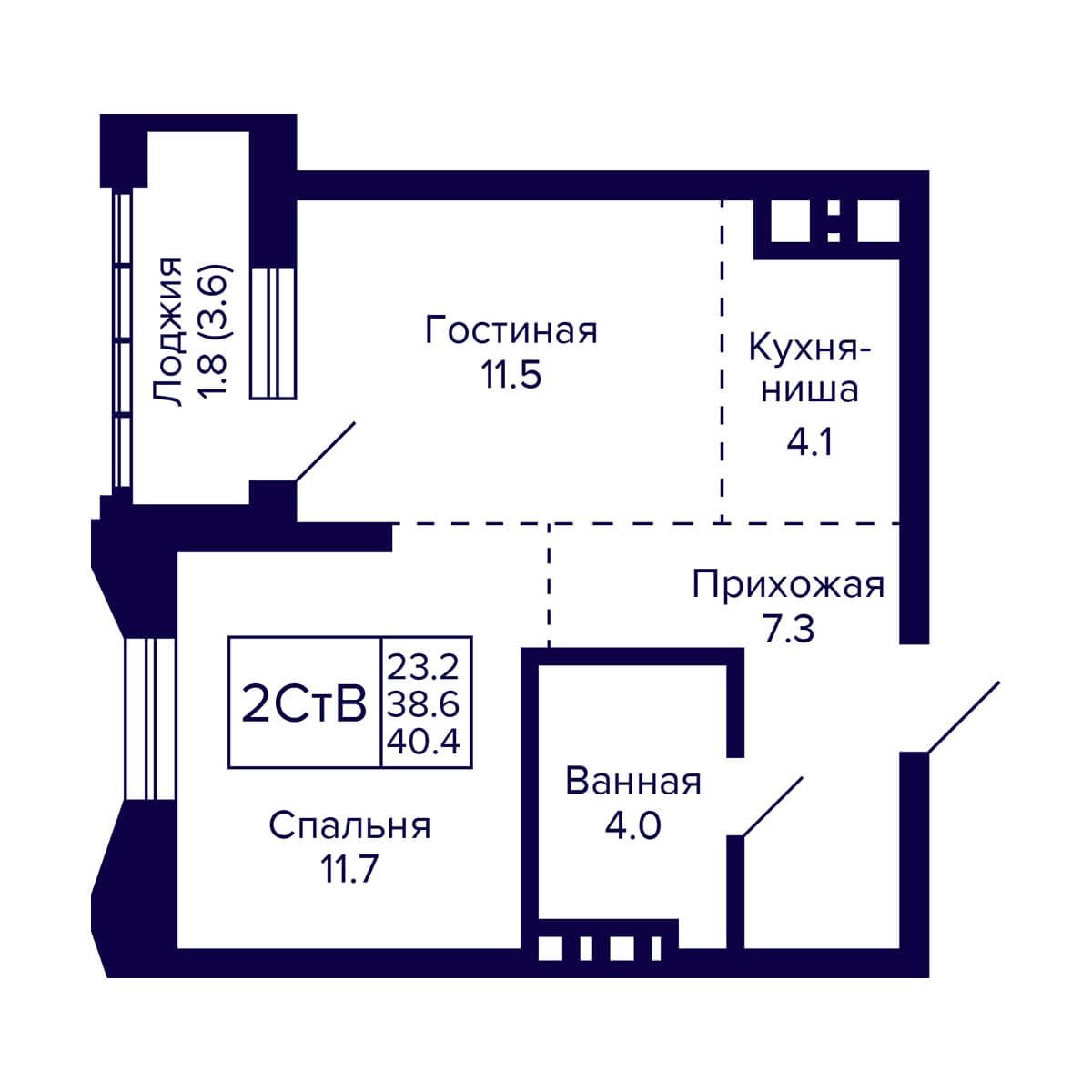 2-комнатная квартира 40.4м2 ЖК Grando