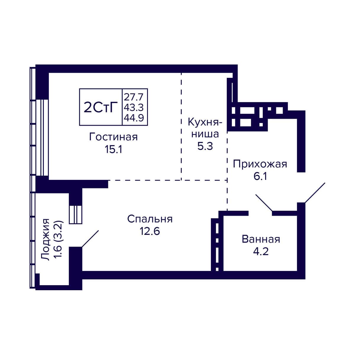 2-комнатная квартира 44.9м2 ЖК Grando