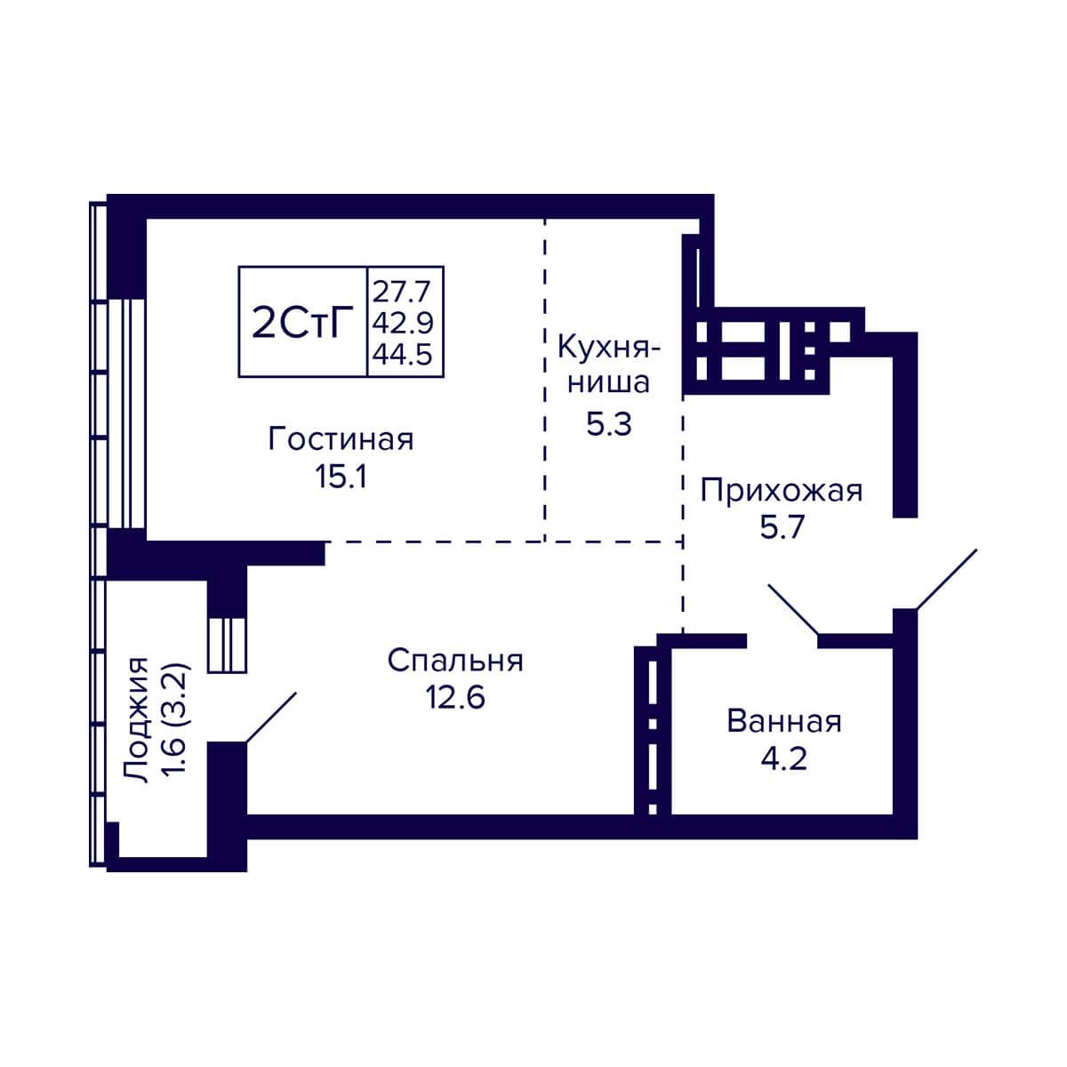 2-комнатная квартира 44.5м2 ЖК Grando