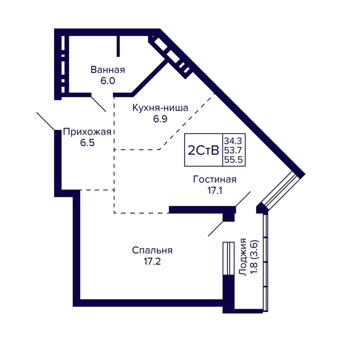 2-комнатная квартира 55.5м2 ЖК Grando