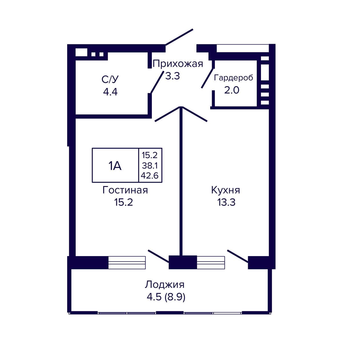 1-комнатная квартира 42.6м2 ЖК Luna