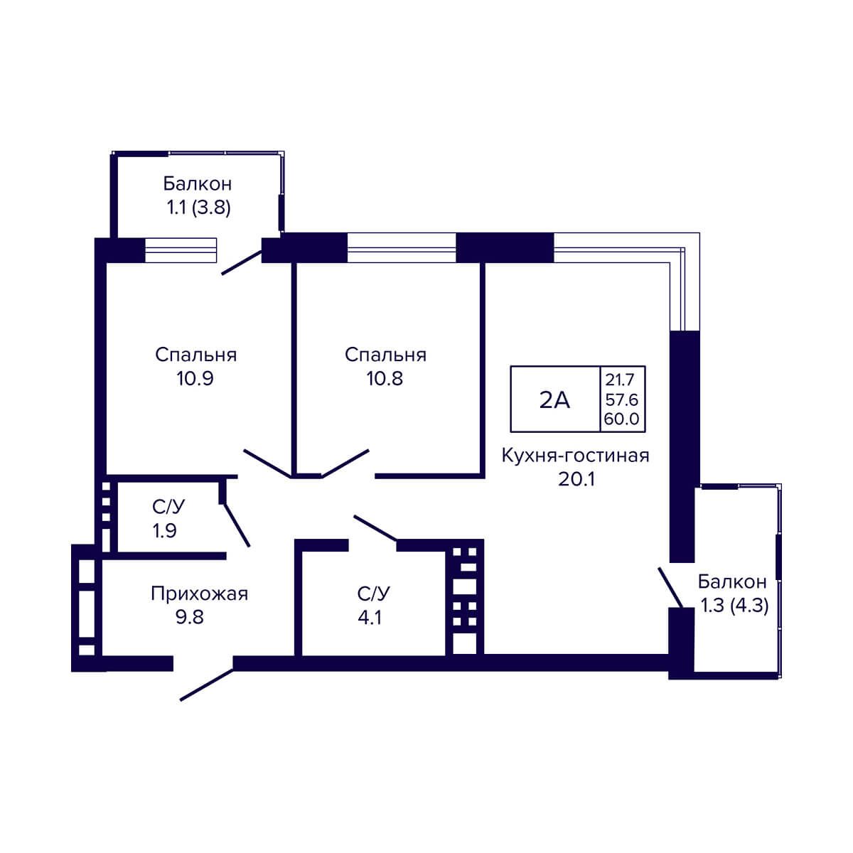 2-комнатная квартира 60м2 ЖК Luna