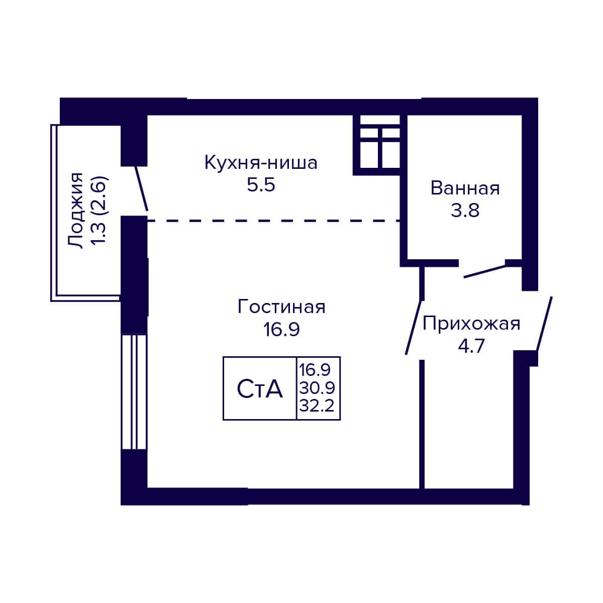 Студия 32.2м2 ЖК Новые Матрешки