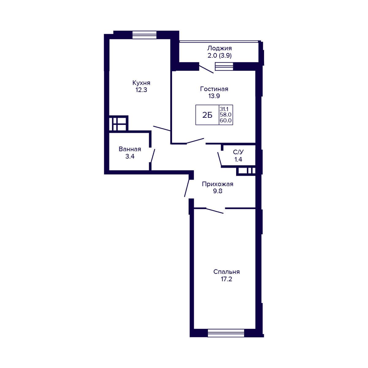 2-комнатная квартира 60м2 ЖК Новые Матрешки