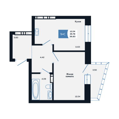 1-комнатная квартира 36.83м2 ЖК Салют