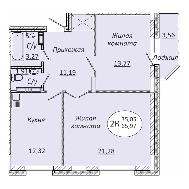 2-комнатная квартира 65.97м2 ЖК Комета-Октябрьский