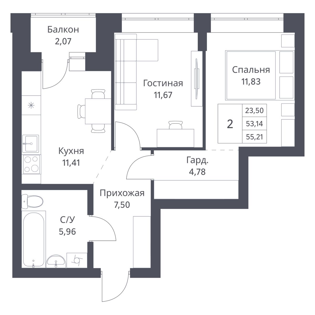 2-комнатная квартира 53.14м2 ЖК Фора