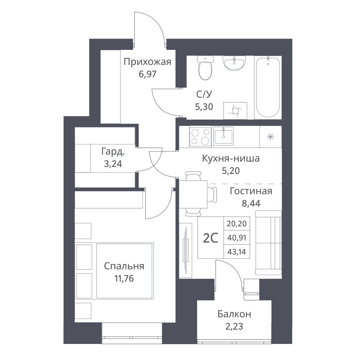 2-комнатная квартира 40.91м2 ЖК Фора