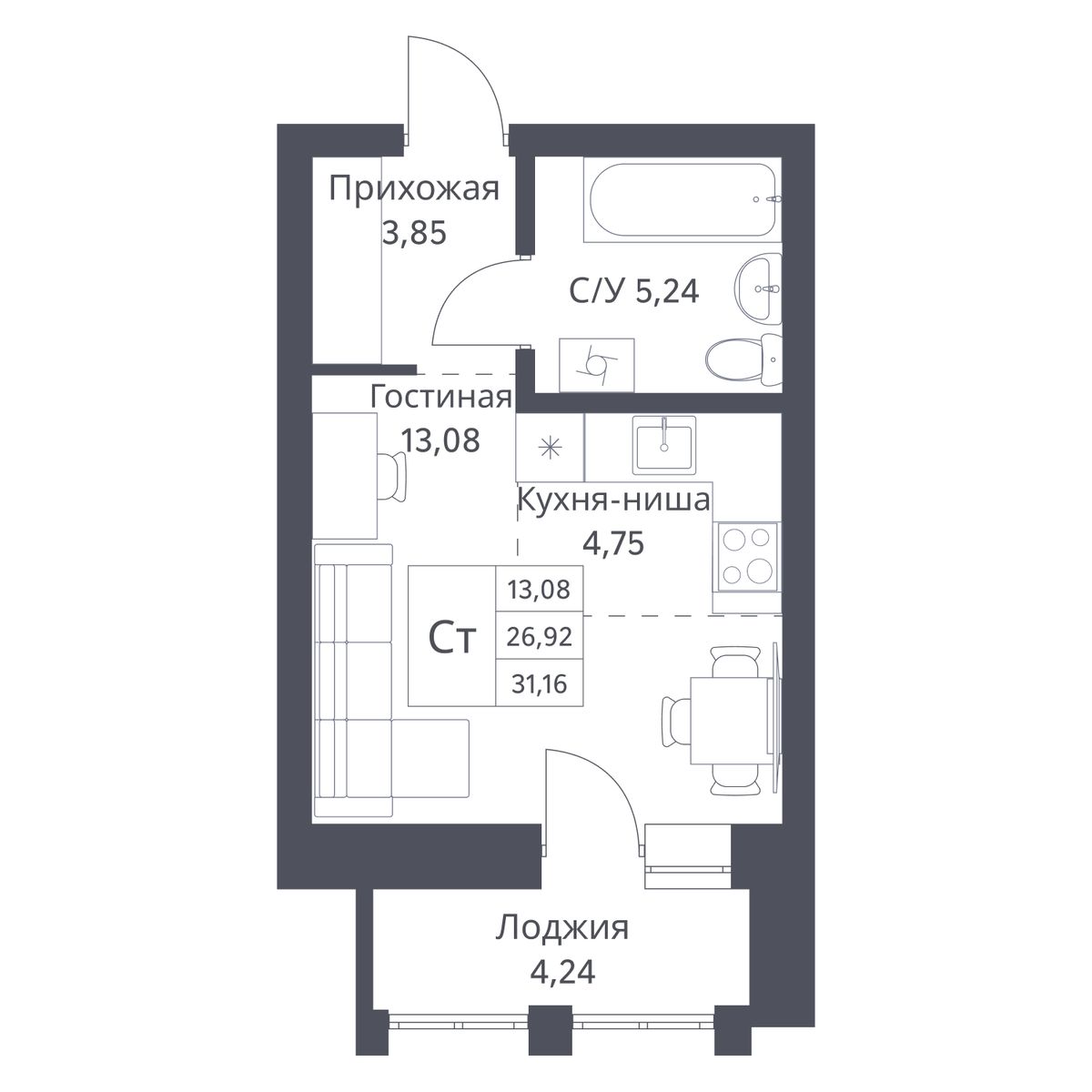 1-комнатная квартира 26.92м2 ЖК Фора