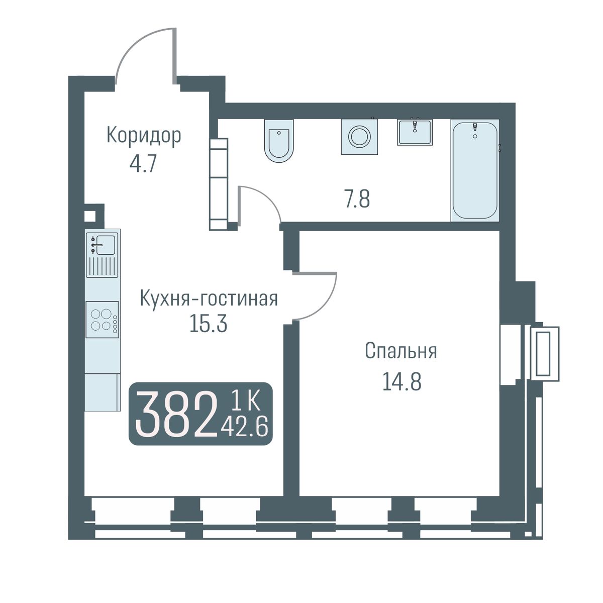 2-комнатная квартира 42.6м2 ЖК Кварталы Немировича