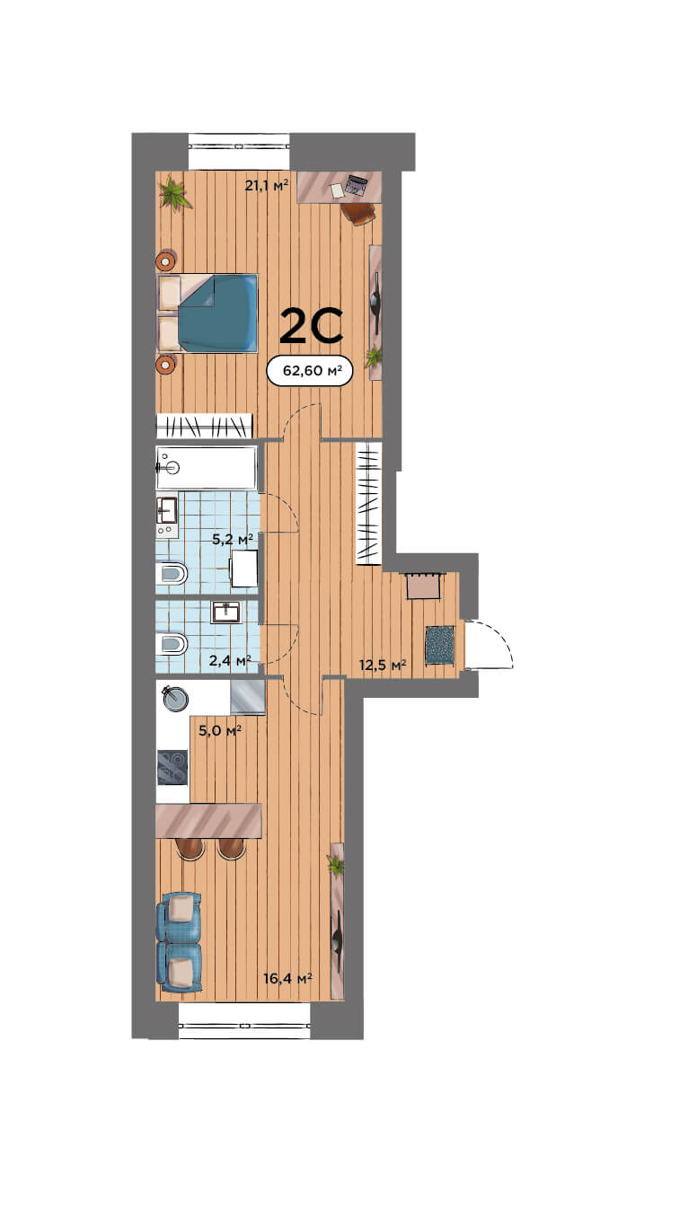 2-комнатная квартира 62.6м2 ЖК Smart Park