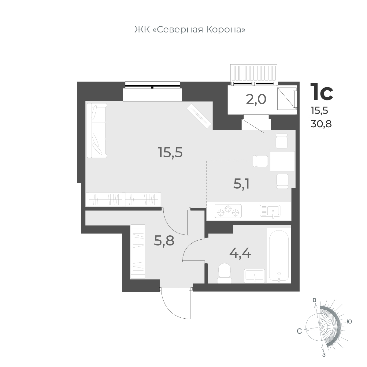 1-комнатная квартира 30.8м2 ЖК Дежнёв