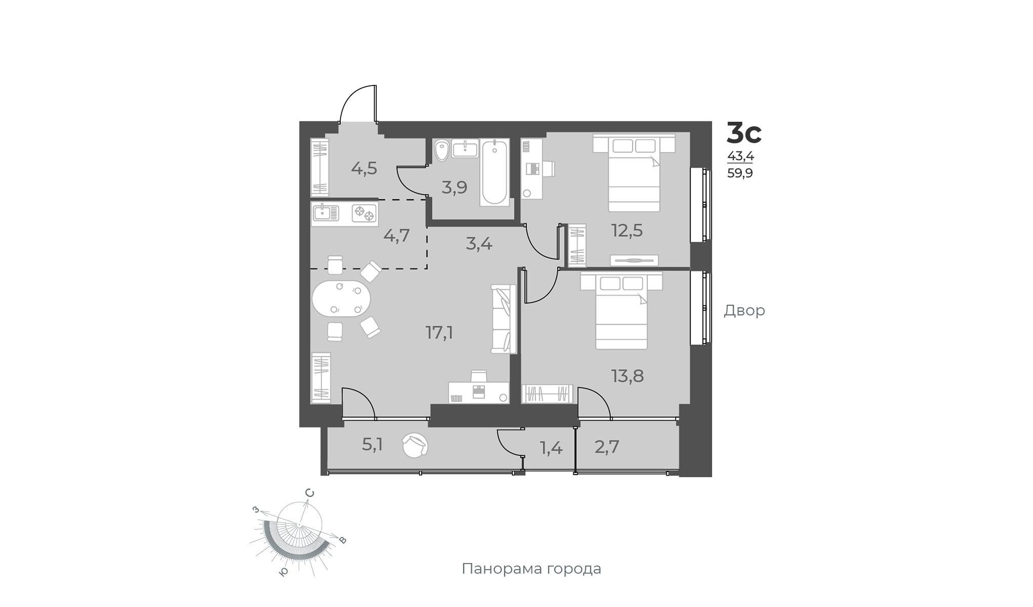 3-комнатная квартира 59.9м2 ЖК Нормандия-Неман