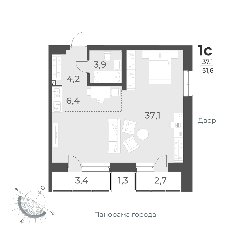 1-комнатная квартира 51.6м2 ЖК Нормандия-Неман