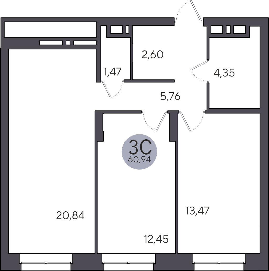 3-комнатная квартира 60.94м2 ЖК Ясный берег