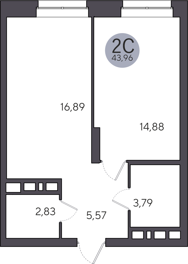 2-комнатная квартира 43.96м2 ЖК Ясный берег